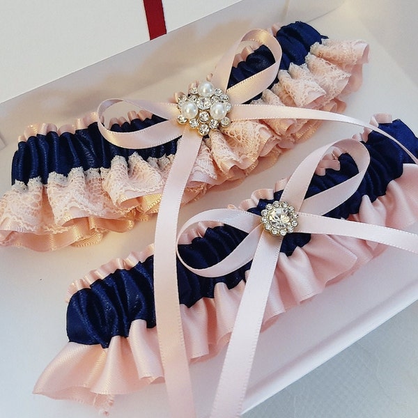 Blush Pink Garter, Blue Wedding Garter, Wedding Garter Set, Navy Blue Garter Set, Navy Garter, Bridal Garter, Lace Garter, Garter For Bride