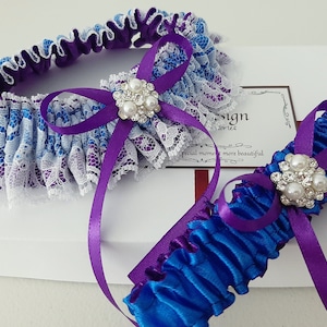 Purple Royal Blue Wedding Garter Set, Bridal Garter Set, Purple And Blue Garter Set, Garter For Bride, Garter Belt For Wedding