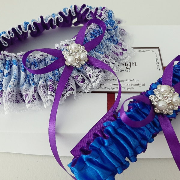 Purple Royal Blue Wedding Garter Set, Bridal Garter Set, Purple And Blue Garter Set, Garter For Bride, Garter Belt For Wedding