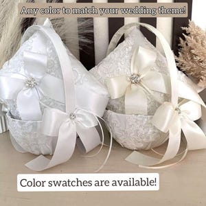 Flower Girl Basket and Ring Bearer Pillow Set, White or Ivory Wedding Basket With Satin Bows Choice of Bow Color, Set of 2 3 4 Gift Bride