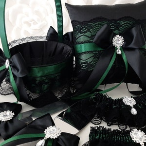 Black and Emerald Dark Green Wedding Decor, Flower Girl Basket and Ring Bearer Pillow Set, Wedding Ceremony Accessories, Gothic Weddings