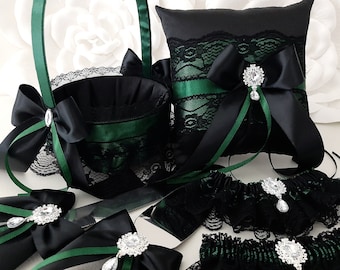 Black and Emerald Dark Green Wedding Decor, Flower Girl Basket and Ring Bearer Pillow Set, Wedding Ceremony Accessories, Gothic Weddings