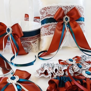 Rust and Teal Wedding Set, Flower Girl Basket and Ring Bearer Set, Knife Serving, Garter for Bride, Burnt Orange Terracotta Accessories
