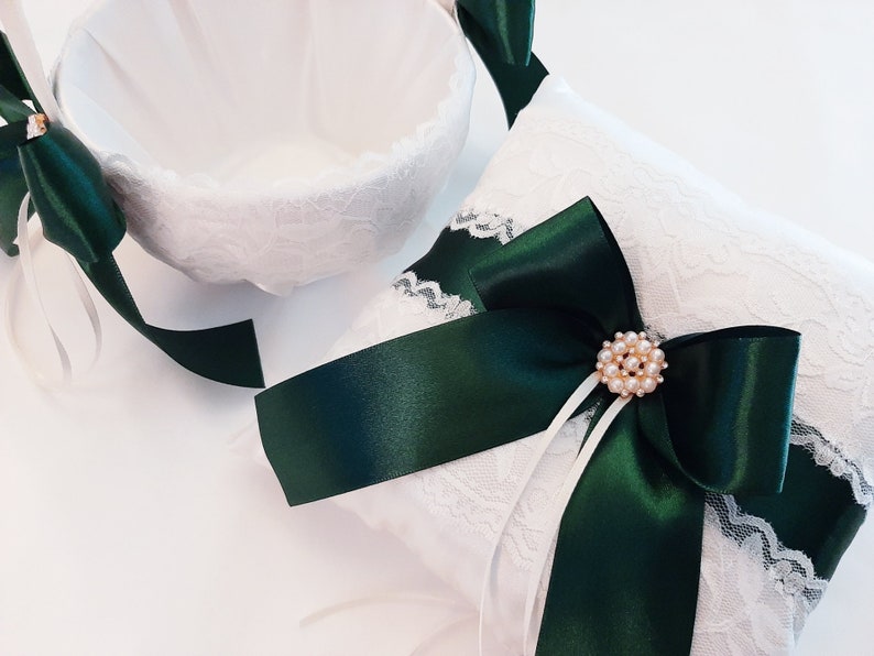 Ring Bearer Pillow, Ring Pillow, Dark Green Ivory Flower Girl Basket And Pillow Set, Ring Bearer Pillow, Wedding Ring Pillow, Ring Bearer image 4