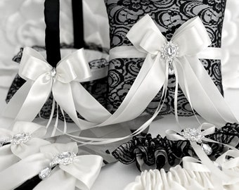 Black and White Wedding Set, Flower Girl Basket and Ring Bearer Pillow Set, Wedding Decor Knife Serving, Bridal Belt, Garter for Bride