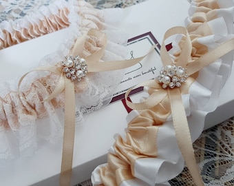 Champagne Garter Set, Champagne Wedding Garter Set, Champagne Bridal Garter, Personalized Garter