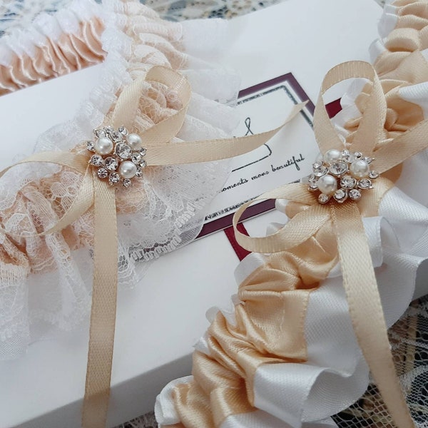 Champagne Garter Set, Champagne Wedding Garter Set, Champagne Bridal Garter, Personalized Garter