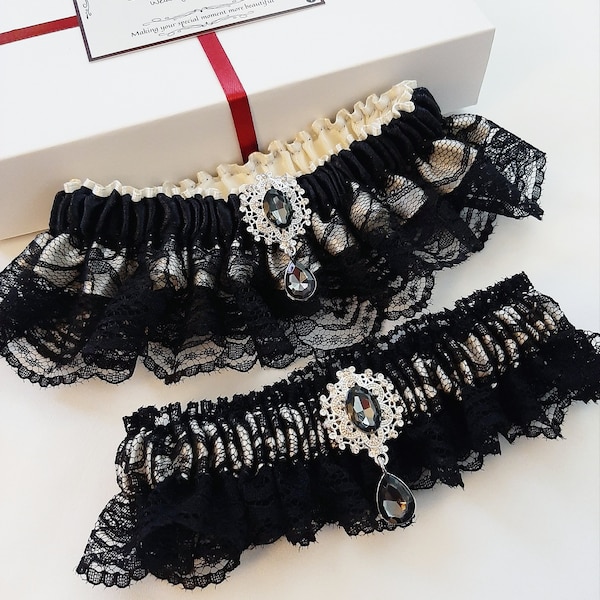 Black And Ivory Wedding Garter, Garter Set, Garter Belt, Bridal Garter, Garters For Wedding, Garter For Bride, Leg Garter, Prom Garter