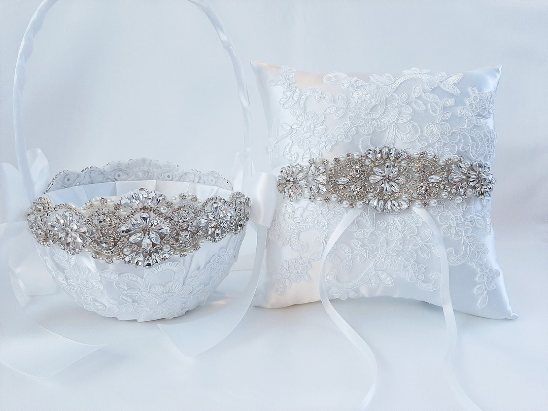 Flower Girl Basket and Ring Bearer Pillow Set, Wedding Basket, White ...