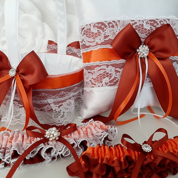 Rust Burnt Orange Weddings Set, Flower Girl Basket and Ring Bearer Pillow Set, Bridal Garters, Garter for Bride, Terracotta Wedding Fall