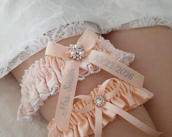 Peach Wedding Garter, Bridal Garter, Garter Belt, Wedding Garter Set Bride  Personalized Toss Keepsake Garter Name Bridal Shower Gift for Her - Etsy