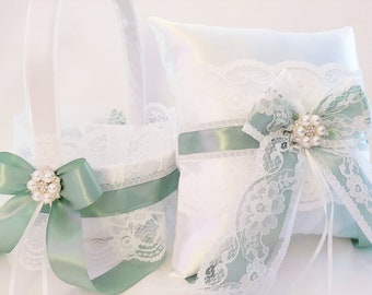 Sage Green Flower Girl Basket And Ring Bearer Pillow Set, Flower Girl Basket, Ring Bearer Pillow, Flower Girl, Sage And White Wedding Basket