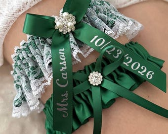 Emerald Green Wedding Garter Belt Set W/ Ivory Lace Pearl & Burlap Twine -  Etsy