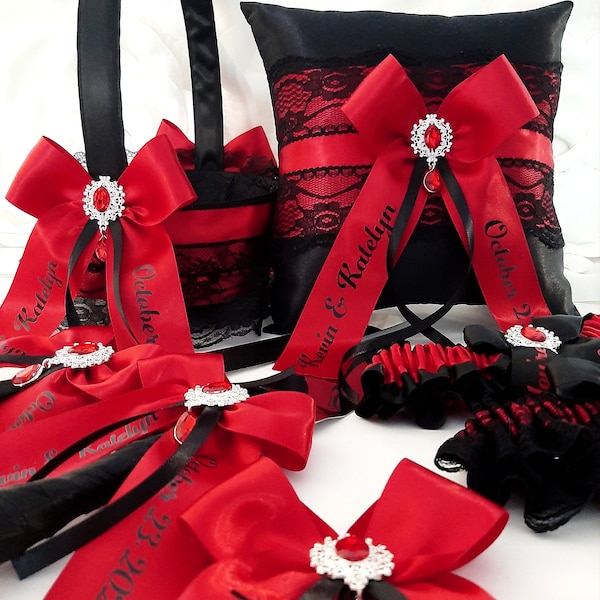 Black and Red Wedding Decor, Flower Girl Basket and Ring Bearer Pillow Set, Personalized Wedding Ceremony Accessories, Gothic Weddings