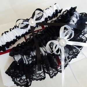 Black And White Wedding Garter Set, Lace Bridal Garter Set, Handmade, Personalized Garter Set, Custom Garter Set with Toss