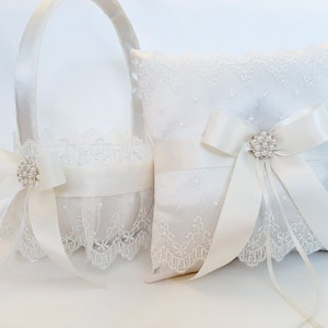 Ivory Flower Girl Basket And Ring Bearer Pillow Set, Flower Girl Basket, Ring Bearer Pillow, Flower Girl, Basket For Wedding