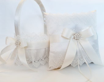 Ivory Flower Girl Basket and Ring Bearer Set, Ivory Flower Girl, Basket For Flower Girl, Wedding Basket, Ring Bearer Pillow