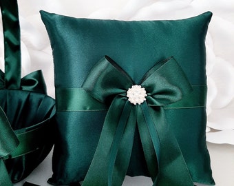 Dark Green Wedding Ring Pillow and Basket Set, Ring Bearer Pillow, Flower Girl Basket, FlowerGirl Basket, Emerald Wedding Decor