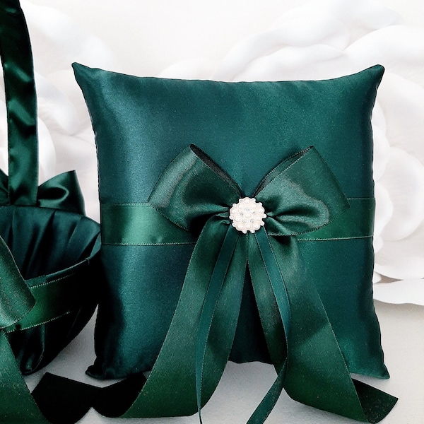 Dark Green Wedding Ring Pillow and Basket Set, Ring Bearer Pillow, Flower Girl Basket, FlowerGirl Basket, Emerald Wedding Decor