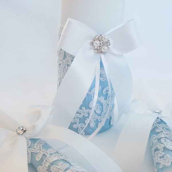 Light Blue Unity Candle Set, Wedding Candles, Cake Serving Set, Ring Bearer Pillow And Flower Girl Basket Set, Wedding Accessories