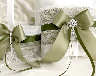 Sage Green Flower Girl Basket and Ring Bearer Pillow Set Sage Wedding Basket and Ring Pillow Olive Moss Green Petals Basket Rustic Decor