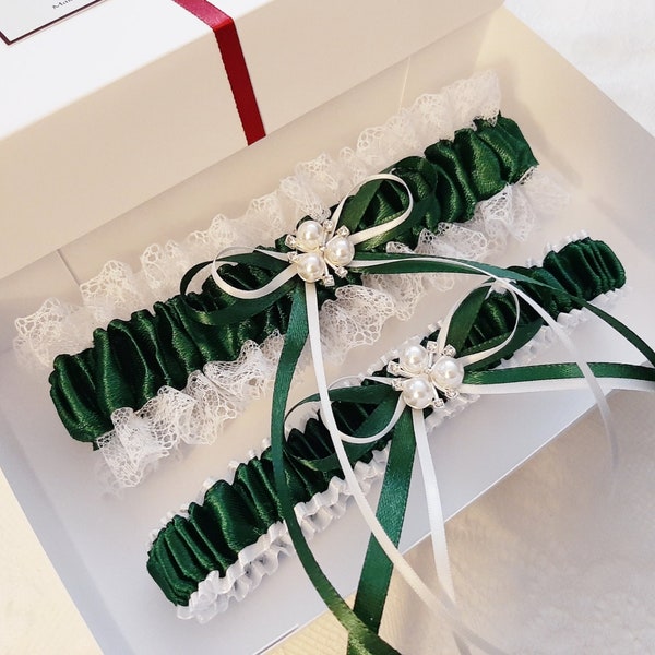 Emerald Wedding Garter Set, Dark Green Bridal Garter, Garter, Garter For Bride, Garter Set, Garters For Wedding, Leg Garter, Prom