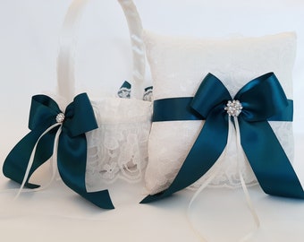 Teal Flower Girl Basket And Ring Bearer Pillow Set, Flower Girl Basket, Ring Bearer Pillow, Wedding Basket And Pillow Set