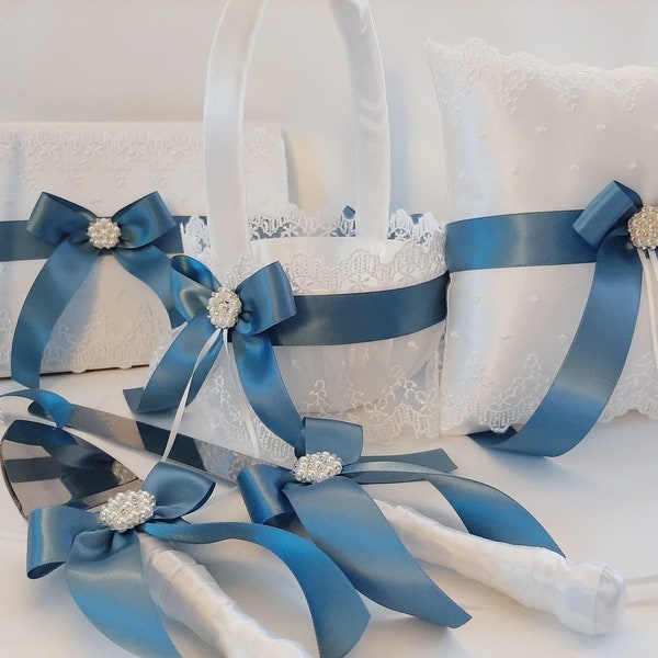 Dusty Blue Flower Girl Basket And Ring Bearer Pillow Set, Wedding Accessories Set, Cake Server, Guest Book with Pen, Steel French Blue