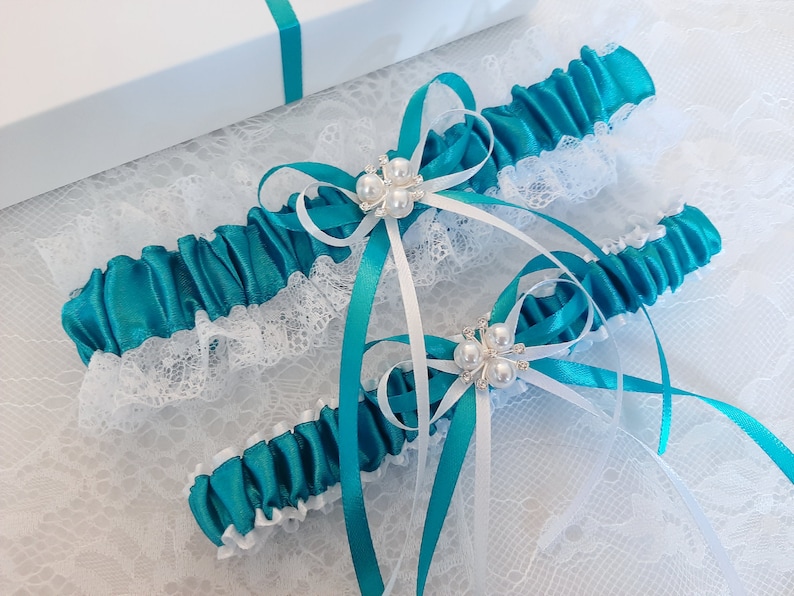 Teal Wedding Garter Set, Teal Bridal Garter Set, Handmade, Personalized Garter Set, Custom Garter Set with Toss image 5