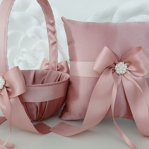 Conjunto de cesta para niña de las flores y portaanillos en color rosa empolvado, cesta para niña de las flores, cojín para portaanillos, niña de las flores, cesta de boda para niña de las flores