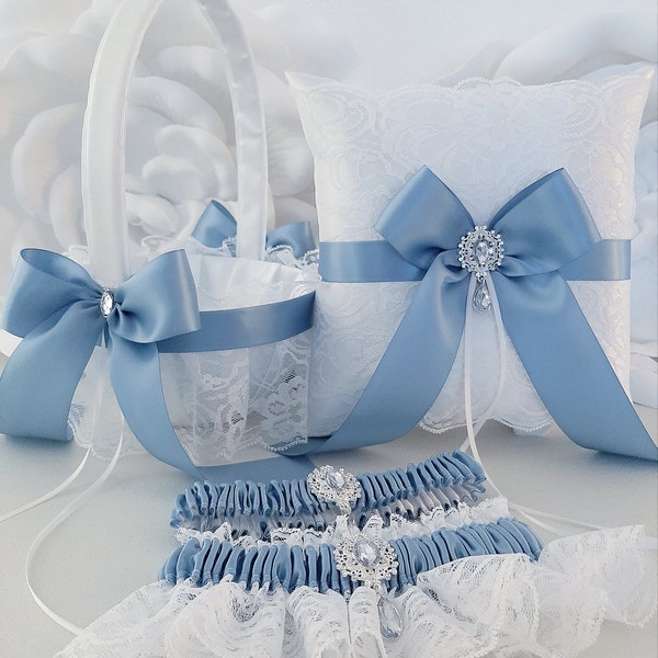 French Blue Weddings Set, Dusty Blue Flower Girl Basket and Ring Bearer Pillow Set, Garter for Bride, Steel Blue Wedding Decor