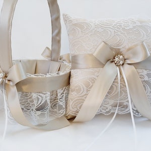 Champagne Flower Girl Basket And Ring Bearer Set, Flower Girl Basket, Ring Bearer Pillow, Wedding Basket for Flowergirl And Pillow Set