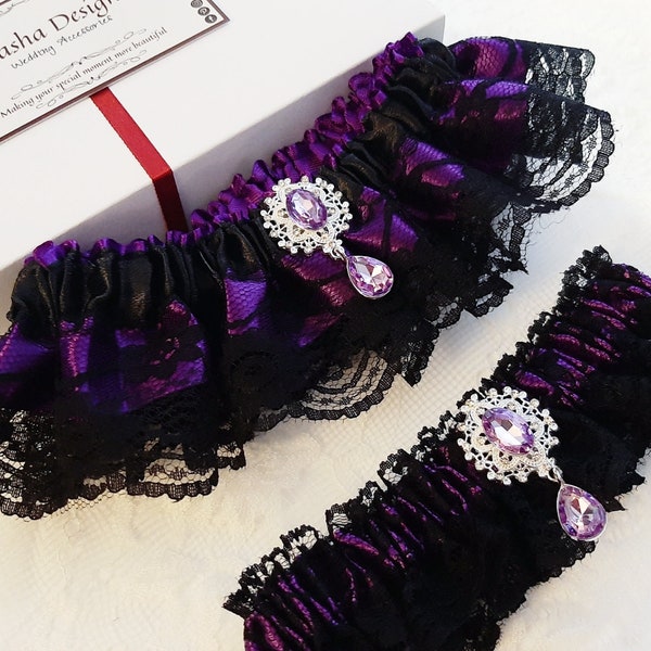 Black And Purple Wedding Garter, Garter Set, Garter Belt, Bridal Garter, Garters For Wedding, Garter For Bride, Leg Garter, Prom Garter