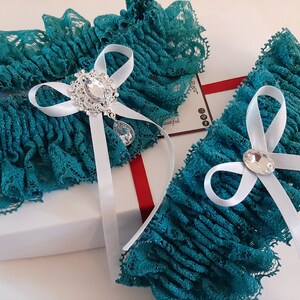 Teal Wedding Garter Set, Teal Bridal Garter, Garter for Bride, Leg Garter, Prom Garter, Teal Wedding Decor, Garter Belt, Lace Garter