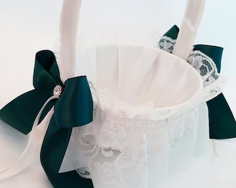 Flower Girl Basket, Dark Green Flower Girl Basket, Wedding Basket And Pillow Set, Small Wedding Basket, Basket For Flower Girl, For Petals