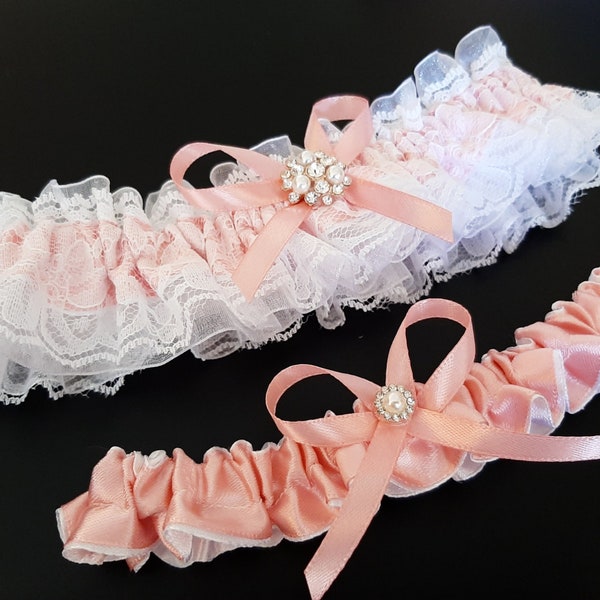 Coral Pink Wedding Garter Set, Lace Bridal Garter Set, Handmade, Personalized Garter Set, Custom Garter Set with Toss