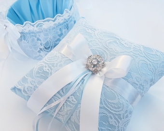 Wedding Ring Pillow, Blue Ring Bearer Pillow, Pillow And Basket Set, Ring Bearer, Wedding Pillow, Ring Holder, Pillow For Rings