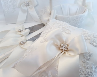 Ivory Or White Wedding Set, Flower Girl Basket And Ring Bearer Pillow Set, Cake Serving Set, Guest Book, Wedding Accessories