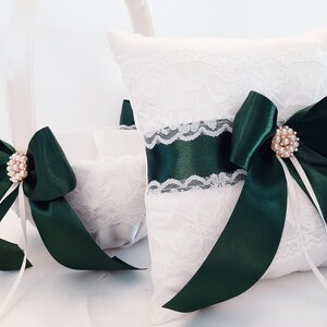 Ring Bearer Pillow, Ring Pillow, Dark Green Ivory Flower Girl Basket And Pillow Set, Ring Bearer Pillow, Wedding Ring Pillow, Ring Bearer image 8