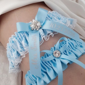 Blue Wedding Garter for Brides Bridal Garter Set Personalized Toss Keepsake Garter Name Something Blue Bridal Shower Gift for Her