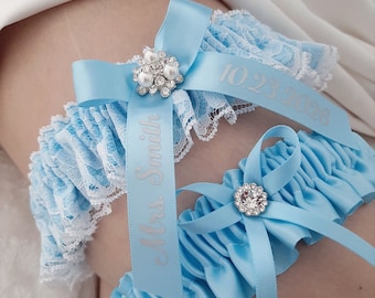 Blue Wedding Garter for Brides Bridal Garter Set Personalized Toss Keepsake Garter Name Something Blue Bridal Shower Gift for Her