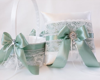 Sage Green Flower Girl Basket And Ring Bearer Set, Flower Girl Basket, Wedding Basket and Ring Bearer Pillow, Sage Flower Girl