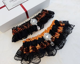 Black And Orange Wedding Garter, Garter Set, Garter Belt, Bridal Garter, Garters For Wedding, Garter For Bride, Leg Garter, Prom Garter