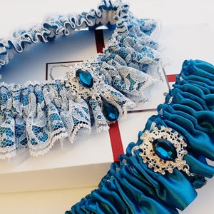 Teal Blue Wedding Garter, Lace Bridal Garter Set, Peacock Garter Set, Garter For Bride, Garter Belt For Wedding, Prom Garter, Leg Garter