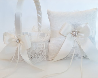 Flower Girl Basket, Ring Bearer Pillow, Ivory Flower Girl Basket And Ring Bearer Pillow Set, Wedding Basket And Pillow Set
