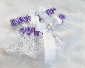 Lavender Bridal Garter Set, Purple Garter Set, Wedding Garter Set, Garter Belt, White Lace Wedding Garters