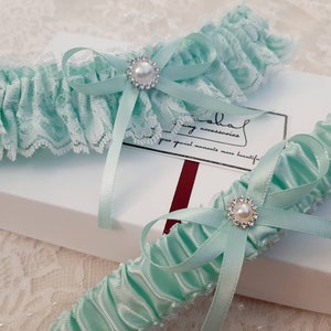 Aqua blue (Mint) Wedding Garter Set, Lace Bridal Garter Set, Handmade, Personalized Garter Set, Custom Garter Set with Toss