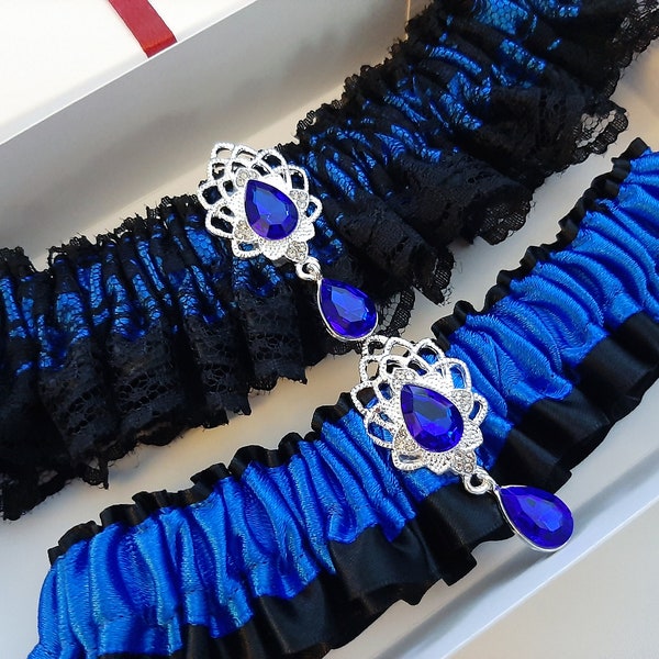 Black and Royal Blue Wedding Garter Set For Bride, Something Blue Bridal Garter for Gothic Wedding Prom with Lace and Rhinestone
