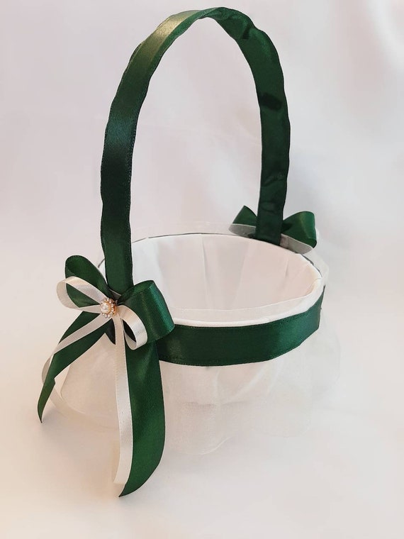 Flower Girl Basket Emerald Dark Green Ivory White Flower Etsy
