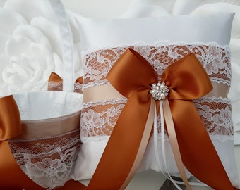 Copper Wedding Ring Bearer Pillow, Pillow and Basket Set, Flower Girl Basket for Petals Fall Wedding Rustic Terracotta Burnt Orange Rust
